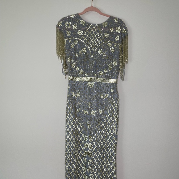 NWT Mac Duggal High Neck Sleeveless Beaded Fringe Fitted Gown - Picture 5 of 7